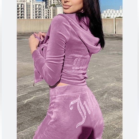 JUICY COUTURE Velour OG Bling Tracksuit Hoodie & Pant Set Pink Violet Tulle - Picture 16 of 16